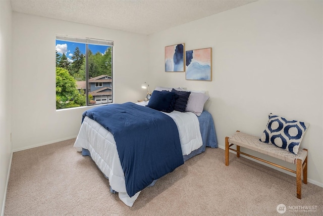 bedroom featuring light colored carpet, baseboards, and a textured ceiling