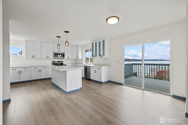 9360 SE Southworth Dr, Port Orchard, WA 98366 - kitchen featuring glass insert cabinets, white cabinets, light countertops, appliances with stainless steel finishes, and light wood-style flooring