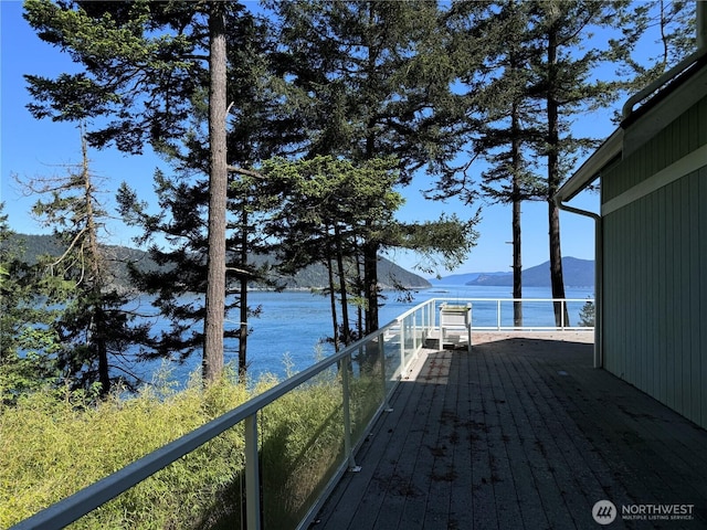 218 Pass View Rd, Decatur Island, WA 98221 - wooden terrace featuring a water and mountain view