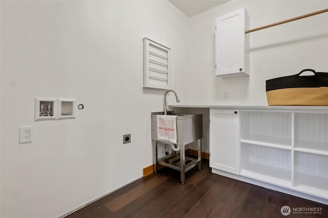 8996 Dearborn Ave, Blaine, WA 98230 - clothes washing area featuring cabinet space, electric dryer hookup, dark wood-style floors, and washer hookup
