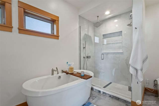8996 Dearborn Ave, Blaine, WA 98230 - bathroom featuring marble finish floor, a marble finish shower, and a soaking tub