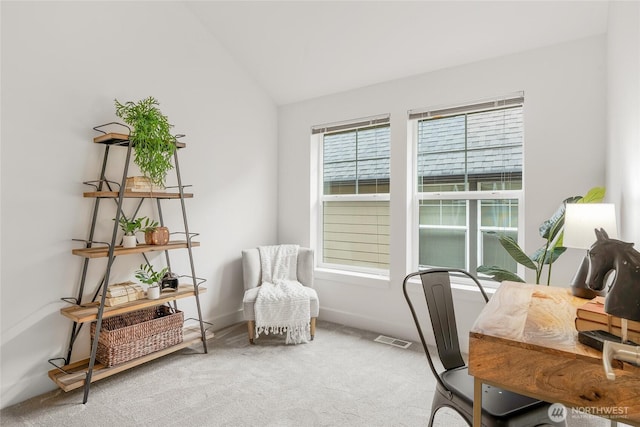 office space featuring visible vents, carpet flooring, and vaulted ceiling