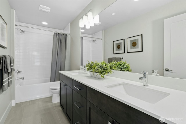 10284 133rd Ct NE, Redmond, WA 98033 - bathroom with shower / bathtub combination with curtain, toilet, double vanity, and recessed lighting