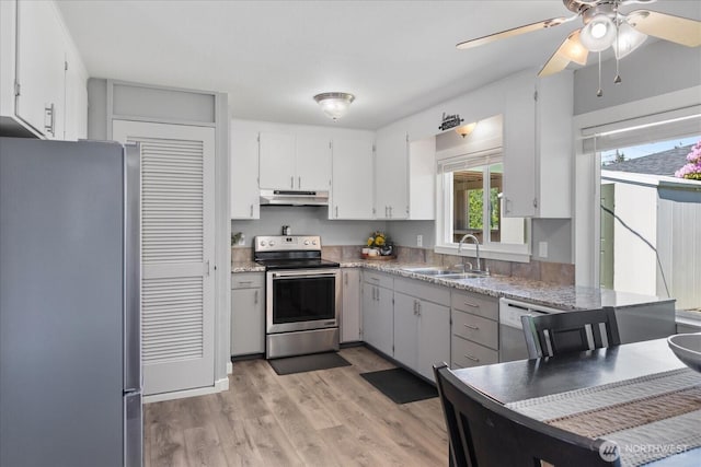 626 Legion Dr, Everett, WA 98201 - kitchen featuring stainless steel appliances, a sink, under cabinet range hood, light wood-style floors, and a ceiling fan