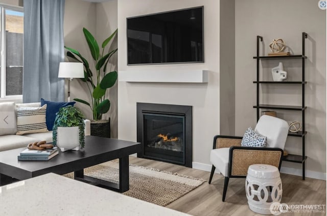 living room with wood finished floors, baseboards, and a glass covered fireplace