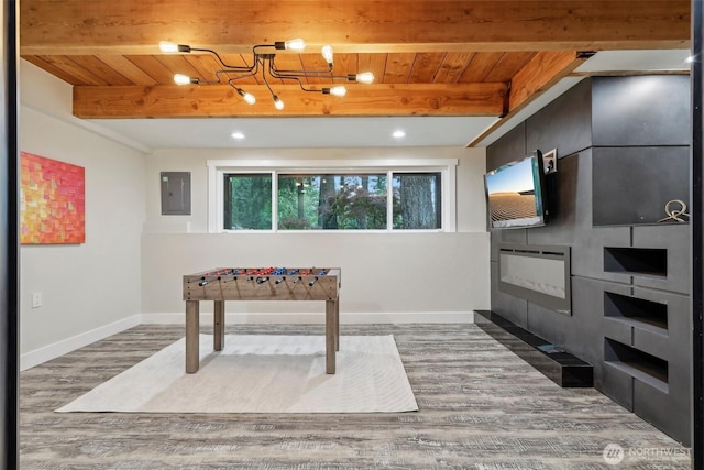 320 SW Forest Dr, Issaquah, WA 98027 - game room featuring electric panel, wood ceiling with exposed beams, wood finished floors, and baseboards