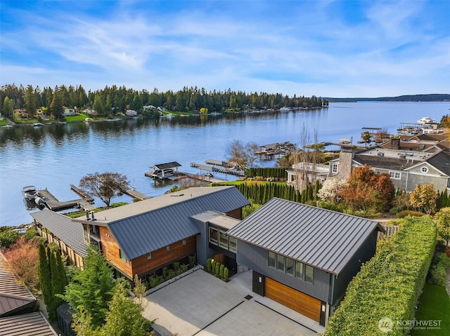 drone / aerial view featuring a water view