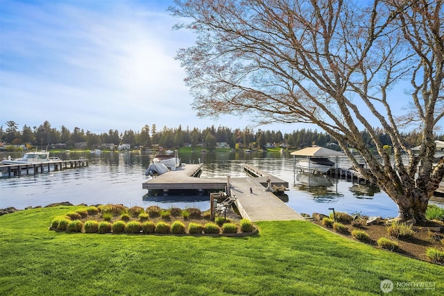 dock area with a water view and a lawn