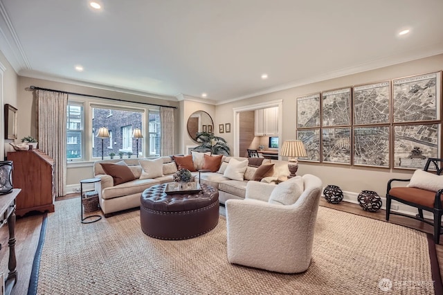 living room featuring baseboards, ornamental molding, wood finished floors, and recessed lighting