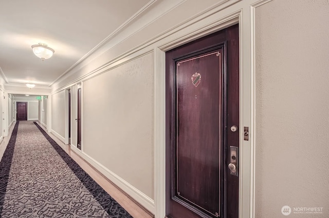 hall featuring baseboards, crown molding, and wood finished floors