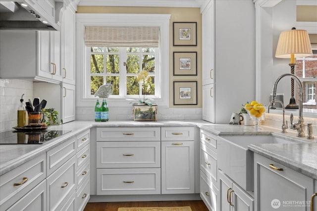 kitchen featuring wall chimney range hood, black electric stovetop, a sink, and a wealth of natural light
