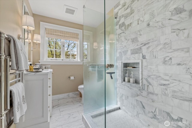 full bathroom with toilet, visible vents, marble finish floor, vanity, and a walk in shower