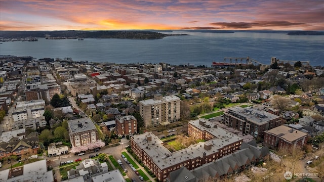 drone / aerial view featuring a water view