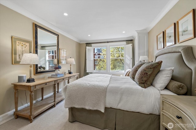 bedroom featuring baseboards, crown molding, light carpet, and recessed lighting