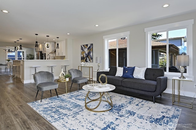 8536 S 114th St, Seattle, WA 98178 - living room with baseboards, recessed lighting, ceiling fan, and dark wood-style floors