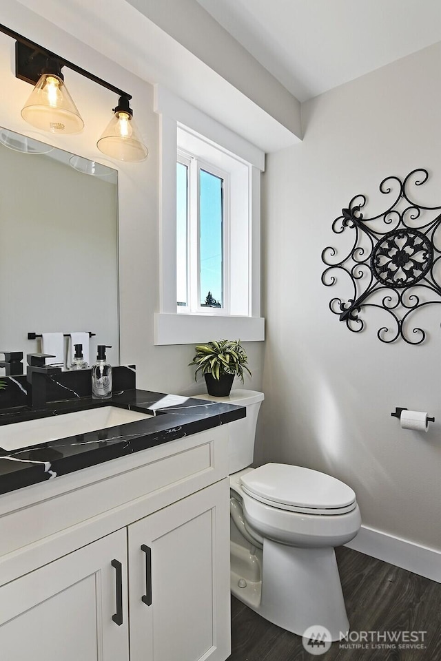 8536 S 114th St, Seattle, WA 98178 - half bathroom with toilet, vanity, wood finished floors, and baseboards