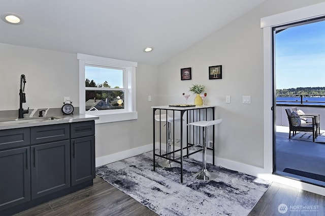 8536 S 114th St, Seattle, WA 98178 - bar with dark wood-type flooring, baseboards, a sink, and lofted ceiling