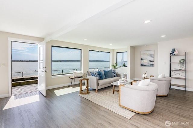 200 Priest Point Dr NE, Tulalip, WA 98271 - living area with a water view, wood finished floors, baseboards, and recessed lighting