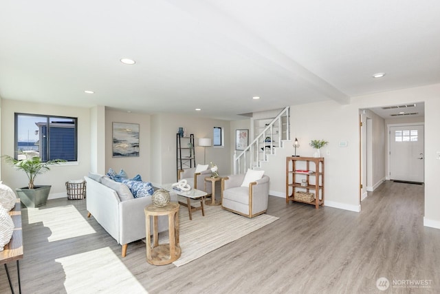 200 Priest Point Dr NE, Tulalip, WA 98271 - living area with baseboards, stairway, recessed lighting, and wood finished floors