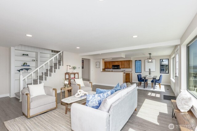 200 Priest Point Dr NE, Tulalip, WA 98271 - living area featuring stairs, baseboards, recessed lighting, and light wood-style floors