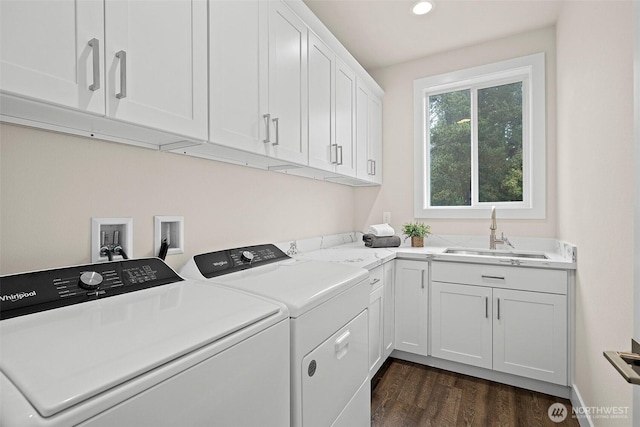 3711 S 349th Pl, Auburn, WA 98001 - clothes washing area with a sink, dark wood-style floors, recessed lighting, cabinet space, and washing machine and clothes dryer