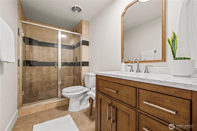 bathroom with vanity, a shower stall, toilet, and visible vents