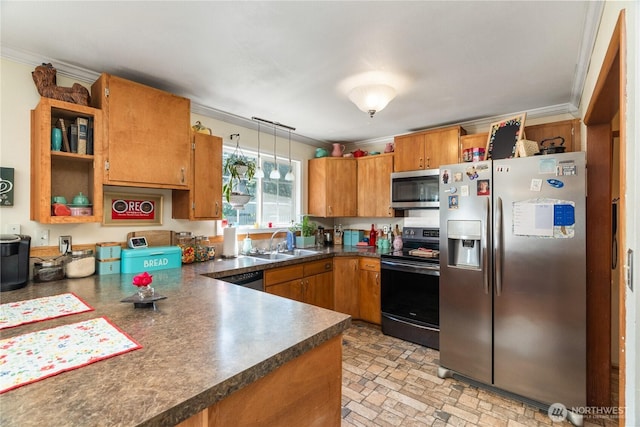 6507 Karjala Rd, Aberdeen, WA 98520 - kitchen with appliances with stainless steel finishes, crown molding, open shelves, a sink, and brown cabinets