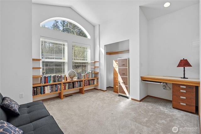 interior space with baseboards, carpet floors, and high vaulted ceiling