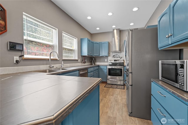 kitchen with blue cabinets, wall chimney exhaust hood, stainless steel appliances, and a sink