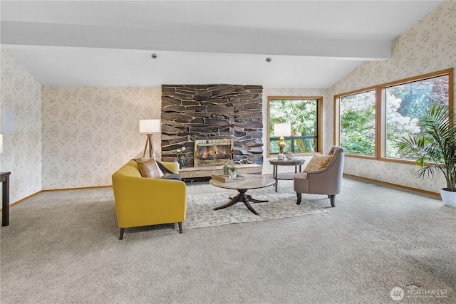 806 Alpine Dr, Everett, WA 98203 - carpeted living area with wallpapered walls, a fireplace, and baseboards