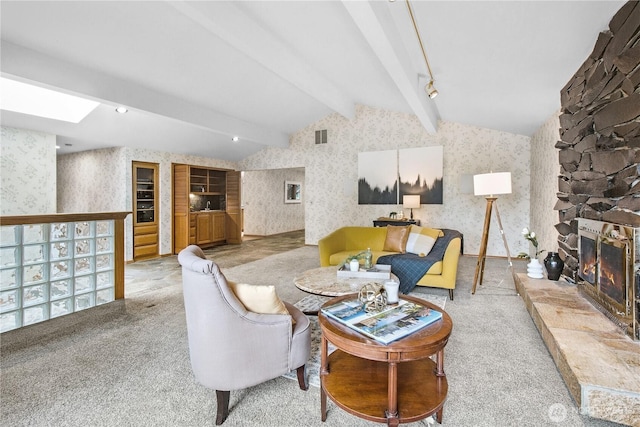 806 Alpine Dr, Everett, WA 98203 - carpeted living area featuring wallpapered walls and a fireplace