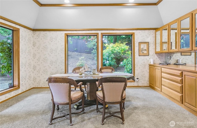 806 Alpine Dr, Everett, WA 98203 - dining room with vaulted ceiling, wallpapered walls, plenty of natural light, light carpet, and recessed lighting