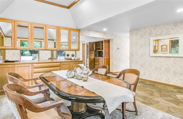 806 Alpine Dr, Everett, WA 98203 - dining room with wallpapered walls, lofted ceiling, healthy amount of natural light, recessed lighting, and baseboards