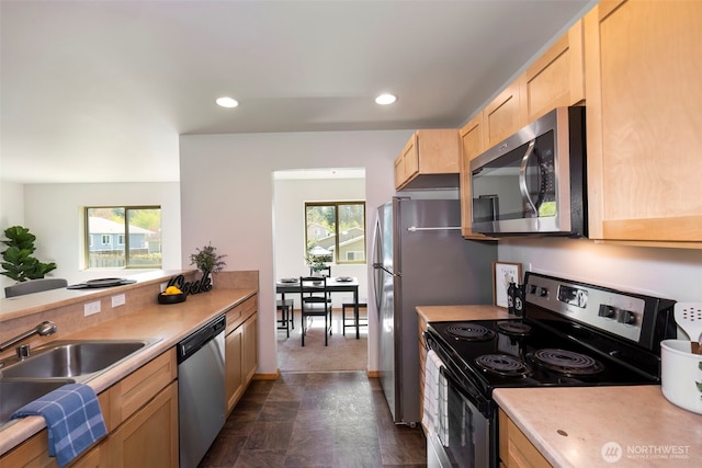 382 NE Ohenry Ct, Poulsbo, WA 98370 - kitchen with recessed lighting, light brown cabinetry, stainless steel appliances, light countertops, and a sink
