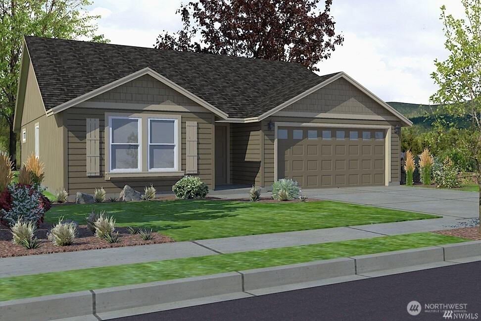view of front facade with concrete driveway, roof with shingles, a front lawn, and an attached garage