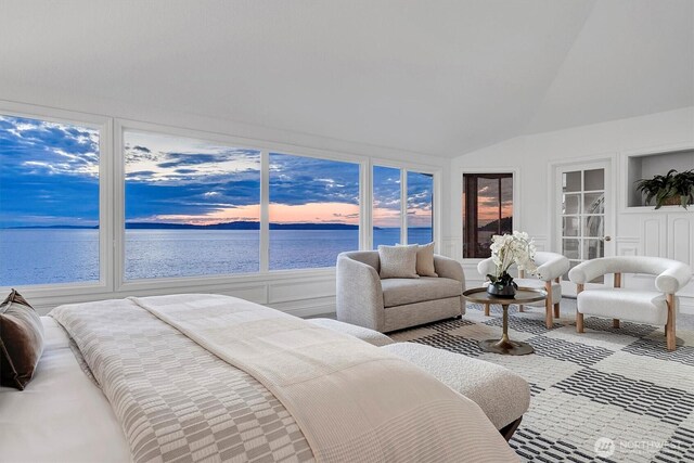 8001 Talbot Rd, Edmonds, WA 98026 - bedroom featuring a water view and vaulted ceiling