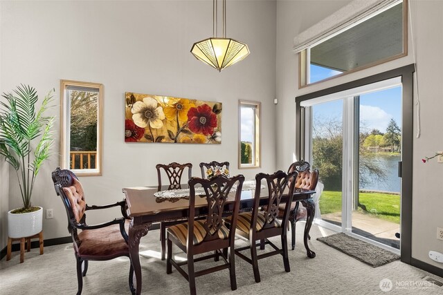 7340 Steilacoom Blvd SW, Lakewood, WA 98499 - dining area with a high ceiling, a water view, light colored carpet, and baseboards