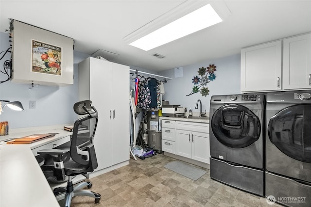 7340 Steilacoom Blvd SW, Lakewood, WA 98499 - clothes washing area with separate washer and dryer, cabinet space, stone finish floor, a sink, and visible vents