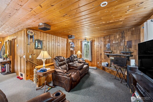 100 N Duckabush Dr W, Hoodsport, WA 98548 - carpeted living room featuring wood walls and wooden ceiling