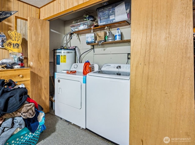 100 N Duckabush Dr W, Hoodsport, WA 98548 - washroom featuring water heater, washer and clothes dryer, carpet, and laundry area