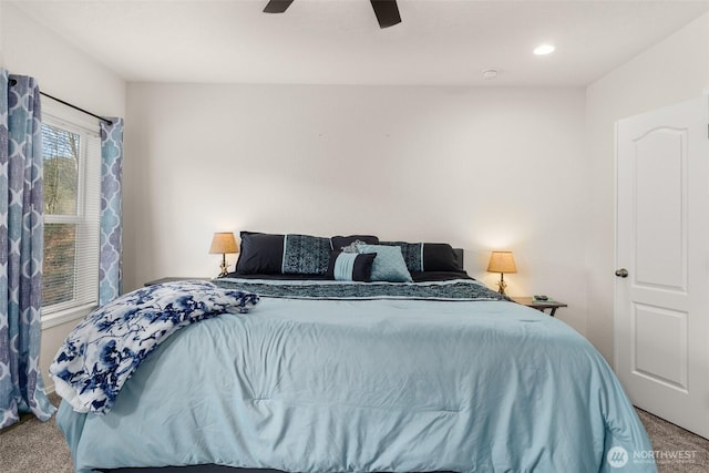 bedroom with recessed lighting, carpet, and a ceiling fan
