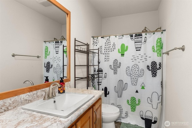 bathroom featuring toilet, a stall shower, vanity, and visible vents