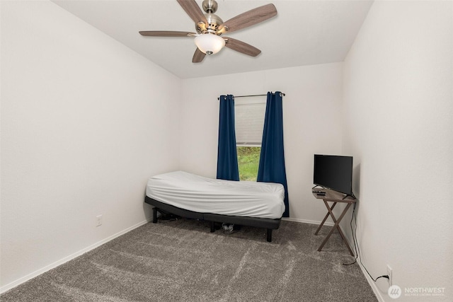 bedroom with carpet, baseboards, and ceiling fan