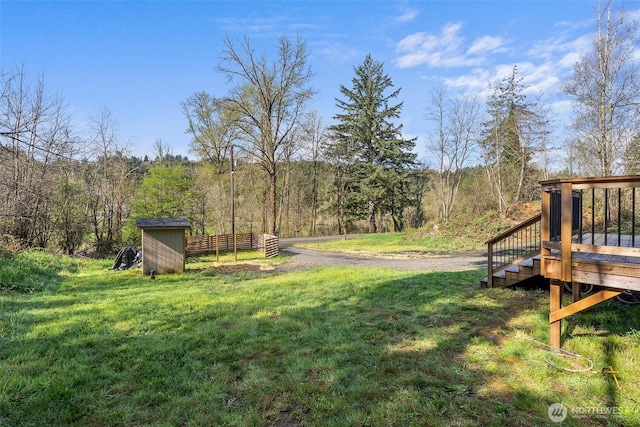 view of yard featuring a forest view, an outdoor structure, and a shed