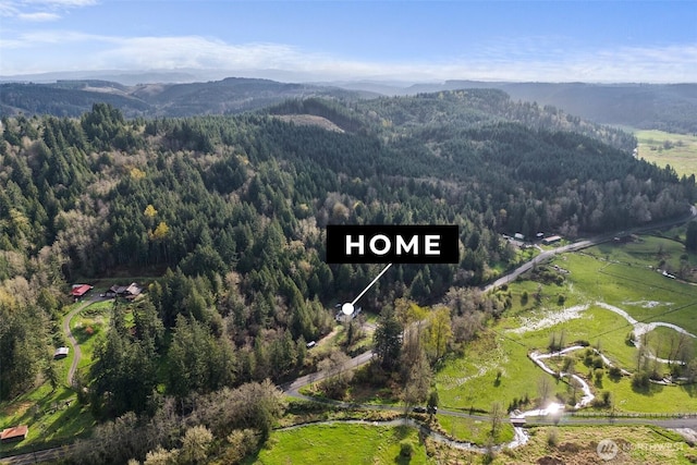 birds eye view of property featuring a mountain view and a forest view