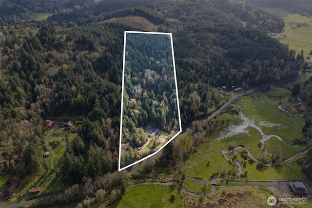birds eye view of property with a forest view