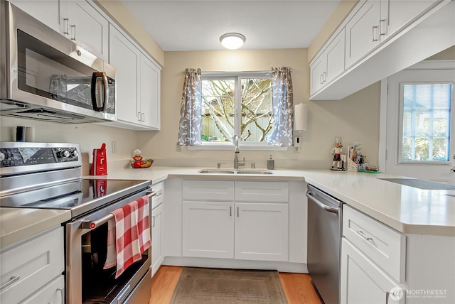 kitchen with stainless steel appliances, a sink, plenty of natural light, and light wood-style floors