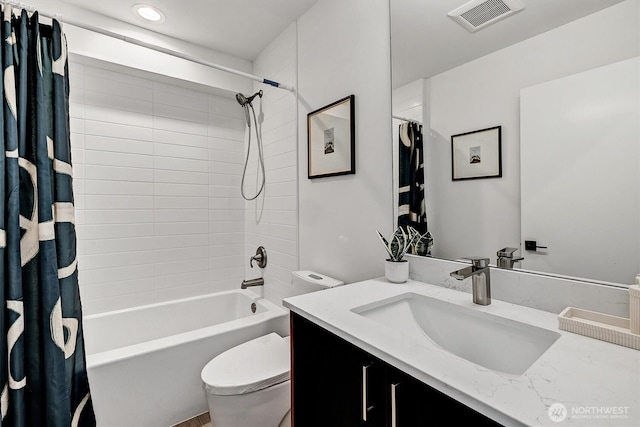 1233 E Roy St, Seattle, WA 98102 - bathroom featuring shower / bathtub combination with curtain, vanity, visible vents, recessed lighting, and toilet