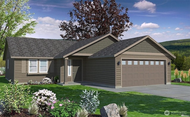 view of front of property featuring driveway, a front lawn, and a garage
