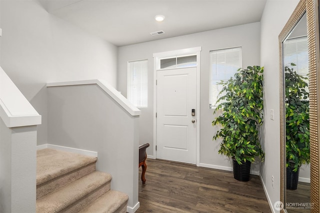 19815 152nd Street Ct E, Bonney Lake, WA 98391 - entrance foyer featuring stairs, baseboards, visible vents, and dark wood-style floors